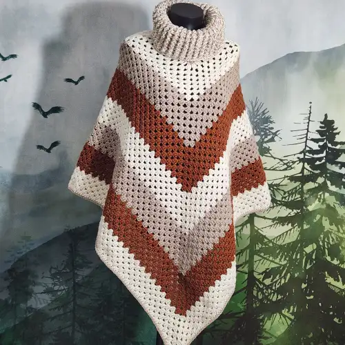 Poncho granny gros col roulé de 90 cm de longueur à la pointe